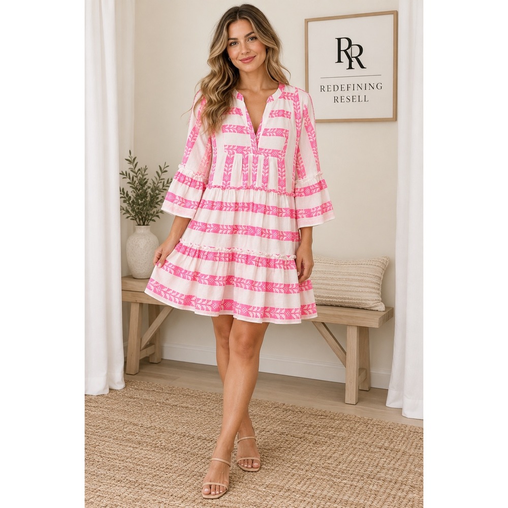 Crown & Ivy Womens Pink White Embroidered Tiered Babydoll Mini Dress Size M